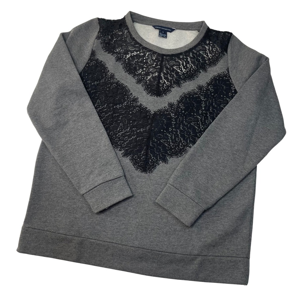 French Connection Misty Gray Lace Detail Long Sleeve Sweatshirt -‎ Women's